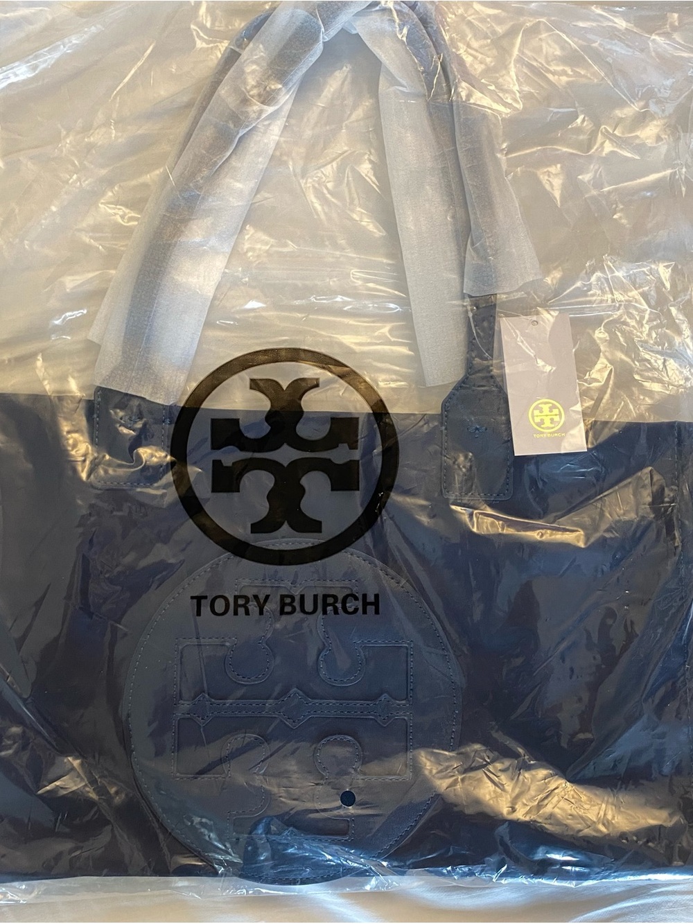 Tory Burch Navy Logo Tote with Leather Medallion - Picture 2 of 12